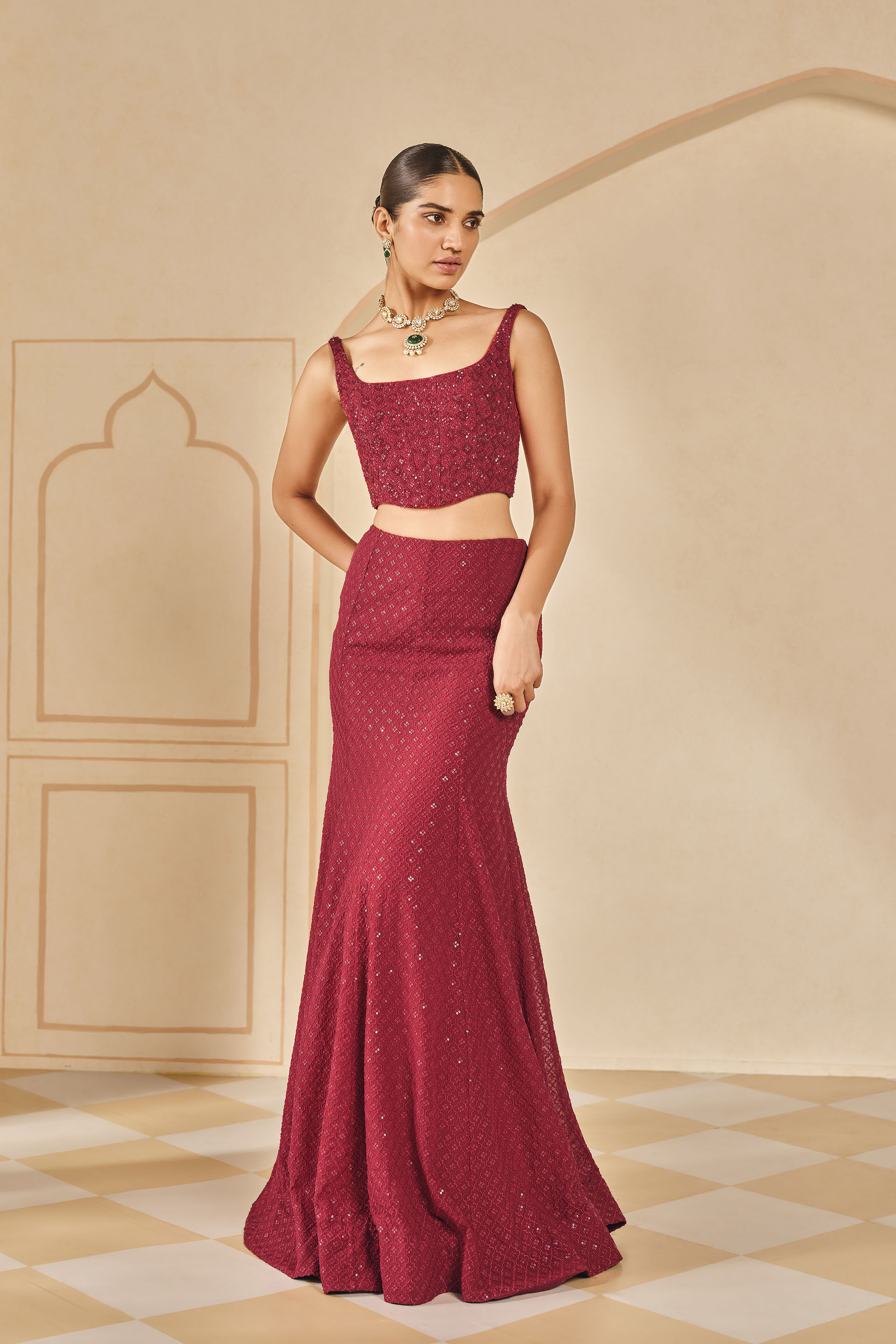 Adara Sequin Silk Skirt Set - Red